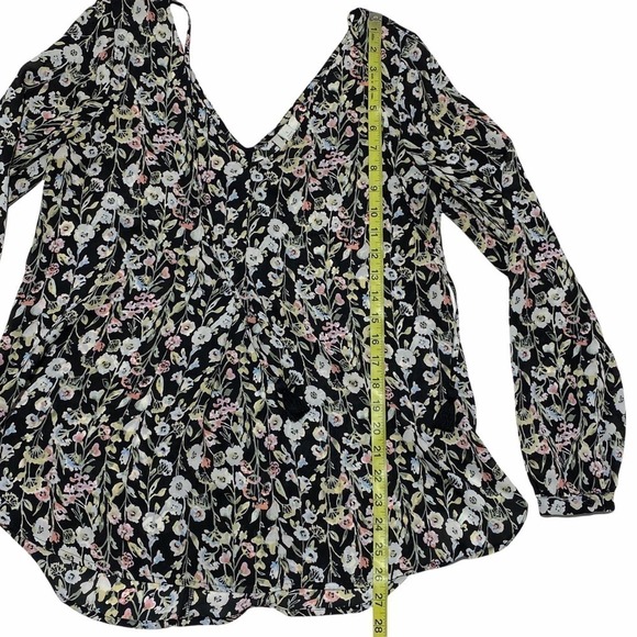 LAUREN Conrad Black Multicolored Floral Print V-Neck Tie bust Long Sleeve Blouse - Picture 6 of 12